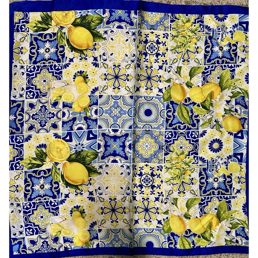 Italian Tile Lemon Print Square Scarf  Blue Yellow Amalfi Coast Satin Head Wrap